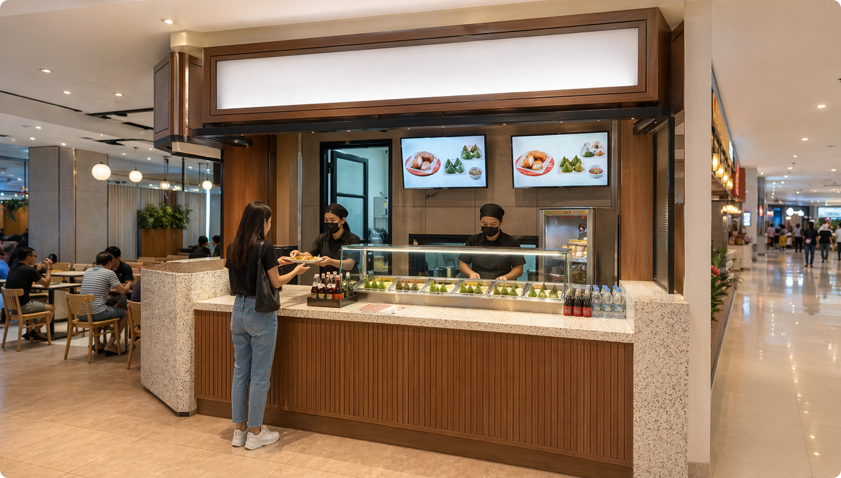 Kios dessert dengan meja bar dan etalase kue