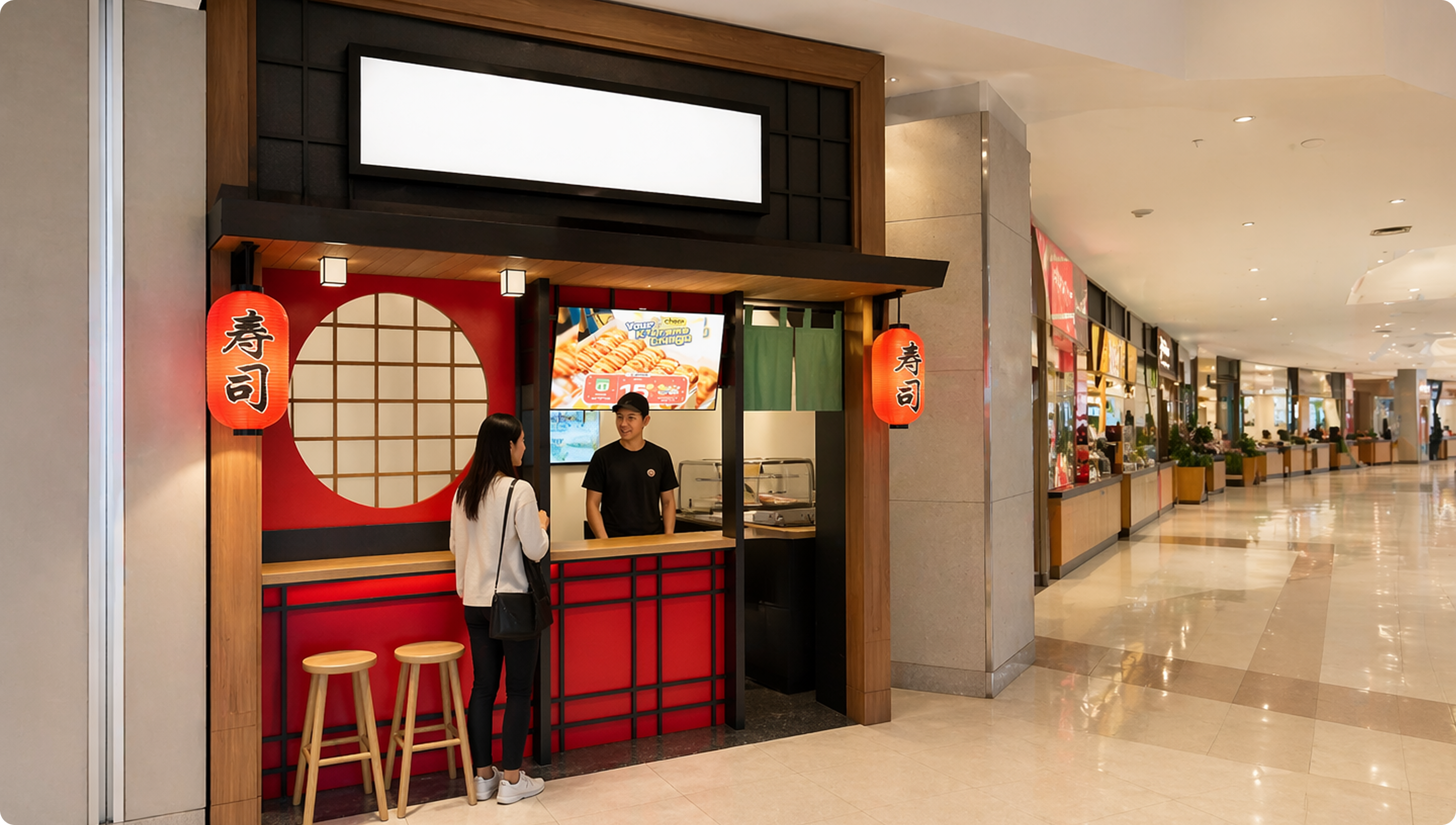 Kios franchise bertema Jepang dengan lampion merah