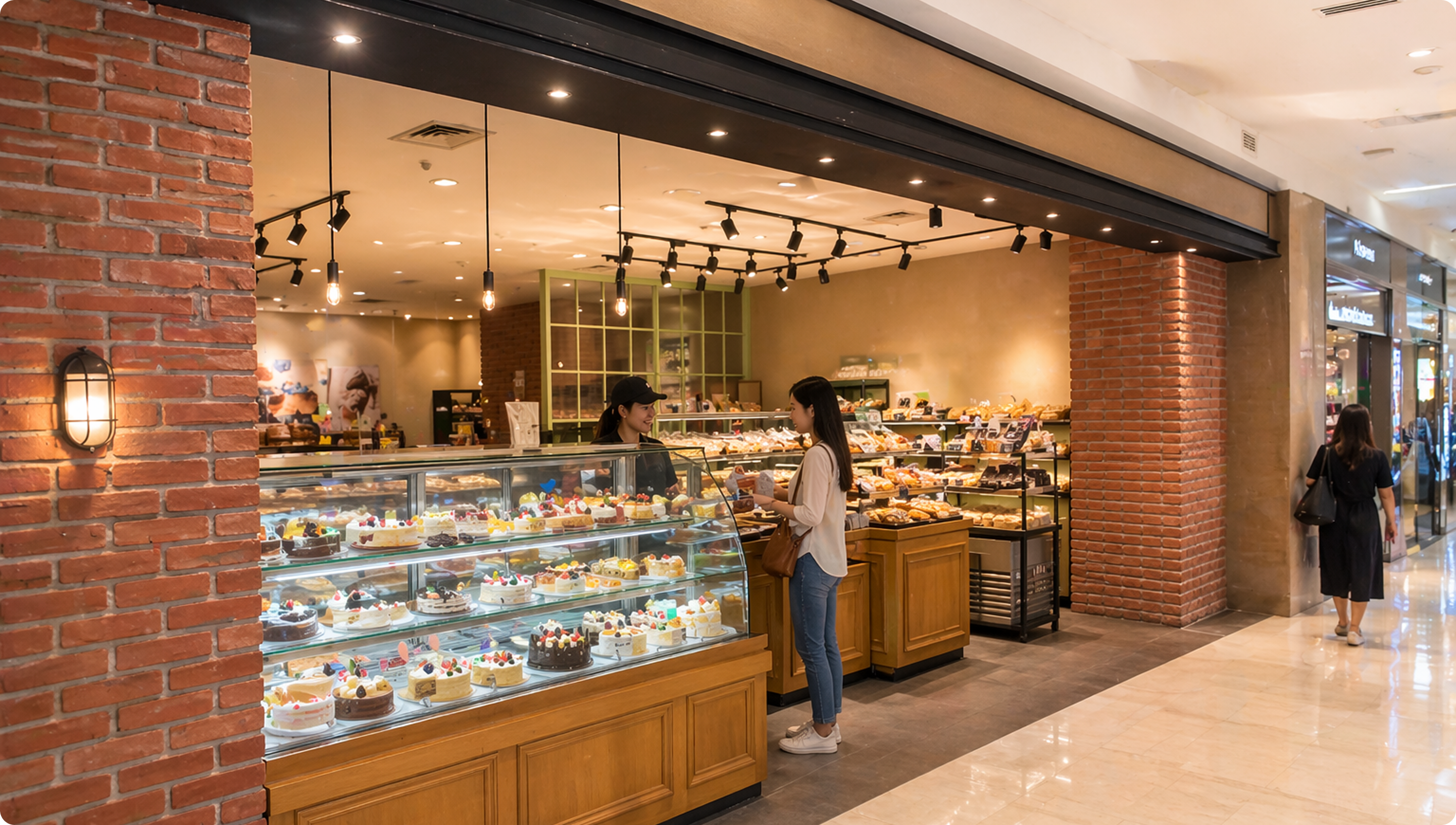 Toko bakery dan pastry berukuran besar dengan dinding bata ekspos